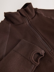 Chocolate Brown Ribbed Zip-Up Long Sleeve Top - Image 3 of 3