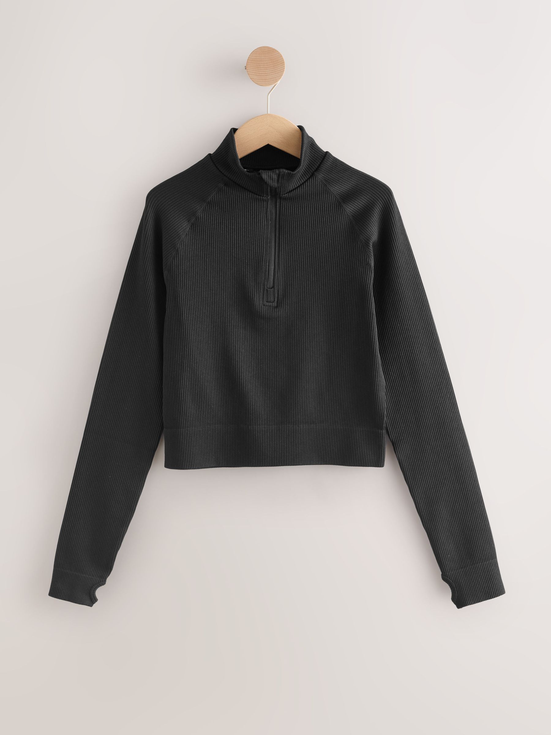 Buy Black Ribbed Zip-Up Long Sleeve Top from Next USA