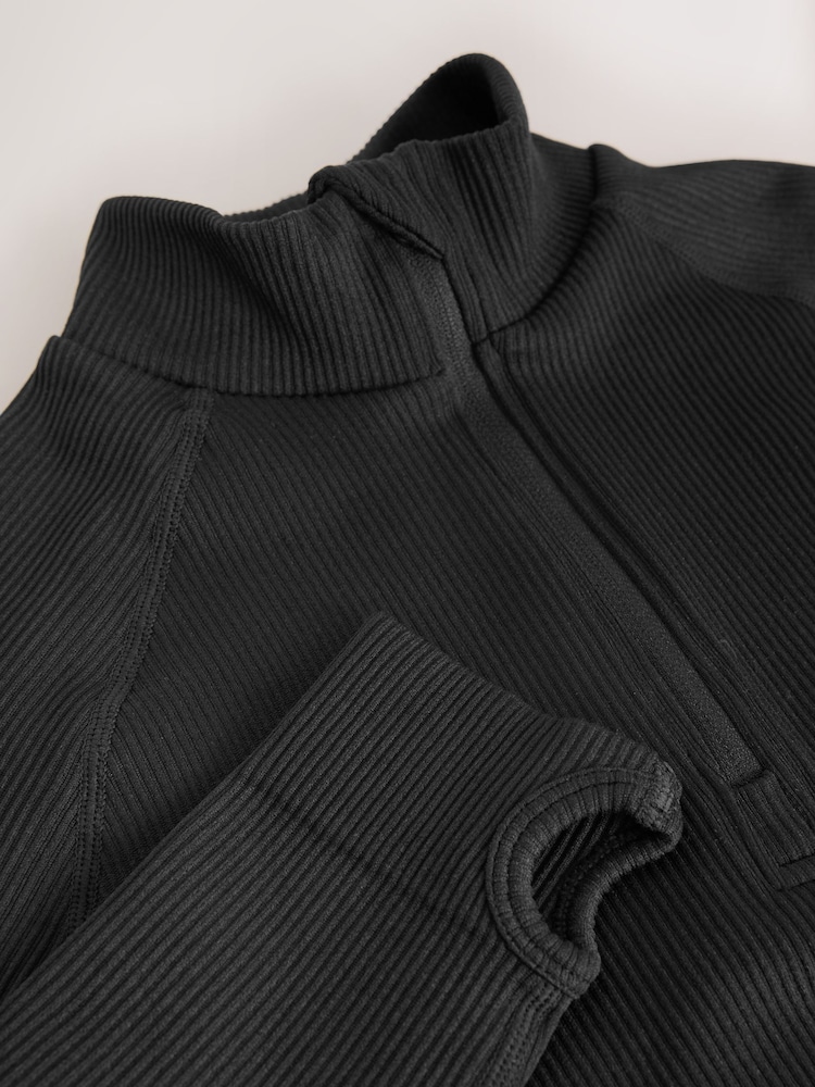 Black Ribbed Zip-Up Long Sleeve Top - Image 3 of 3