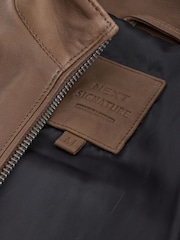 Brown Nubuck Signature Leather Funnel Neck Jacket - Image 9 of 12