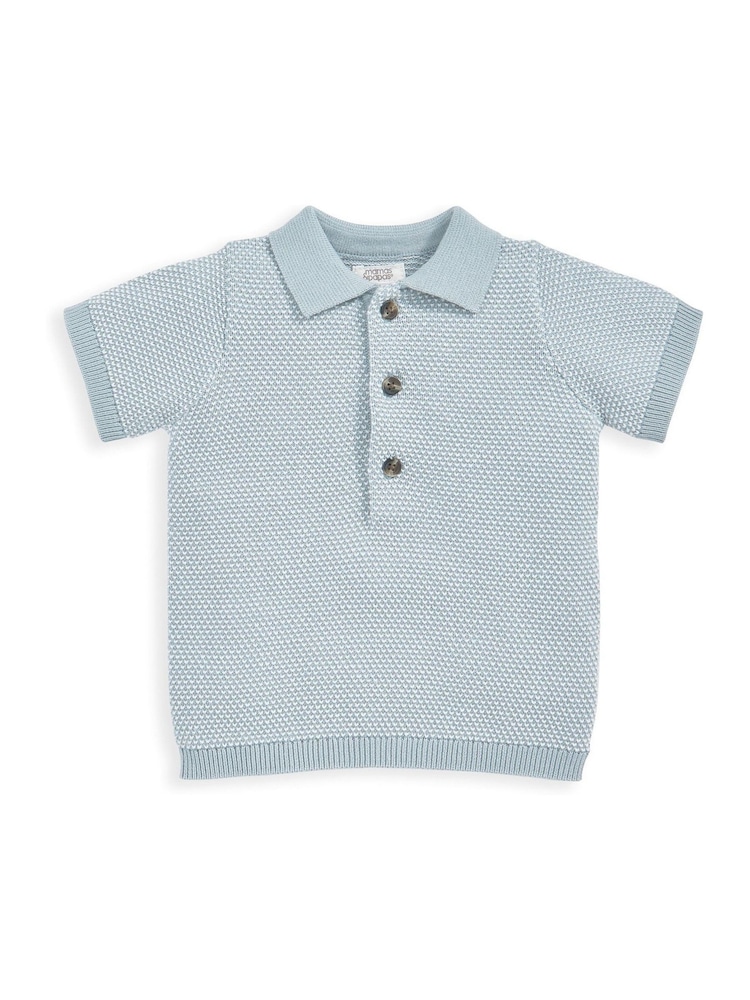 Mamas & Papas Blue Knitted 100% Cotton Polo & Shorts Set - Image 2 of 2