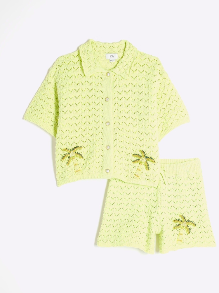 River Island Green Girls Revere Palm Tree Shirt & Short Set - Image 1 of 3