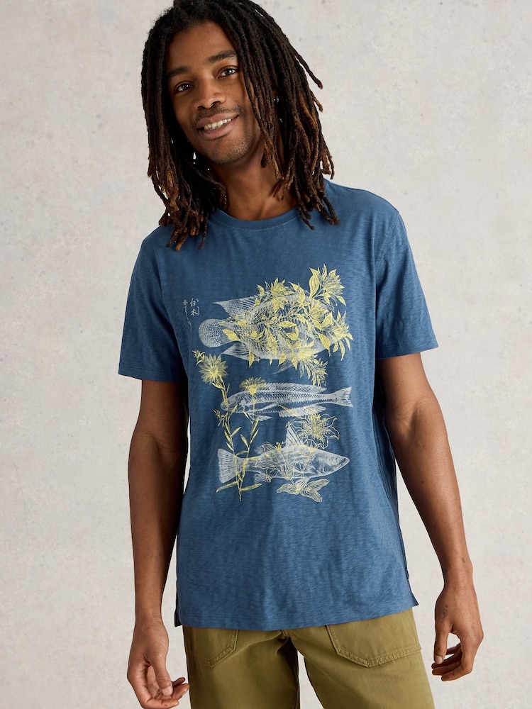 White Stuff Blue Three Fishes 100% Cotton Graphic Print T-Shirt - Image 1 of 6