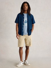 White Stuff Blue Keswick Short Sleeve 100% Linen Shirt - Image 1 of 6