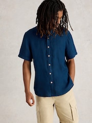 White Stuff Blue Keswick Short Sleeve 100% Linen Shirt - Image 2 of 6