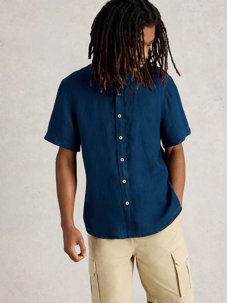 White Stuff Blue Keswick Short Sleeve 100% Linen Shirt - Image 2 of 6