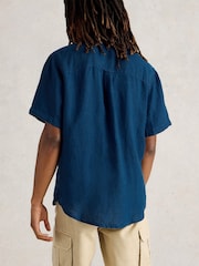 White Stuff Blue Keswick Short Sleeve 100% Linen Shirt - Image 3 of 6