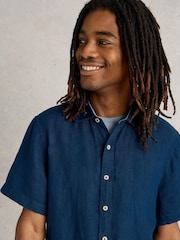 White Stuff Blue Keswick Short Sleeve 100% Linen Shirt - Image 4 of 6