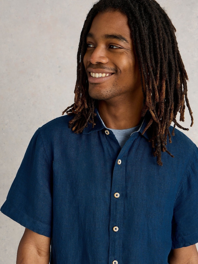 White Stuff Blue Keswick Short Sleeve 100% Linen Shirt - Image 4 of 6