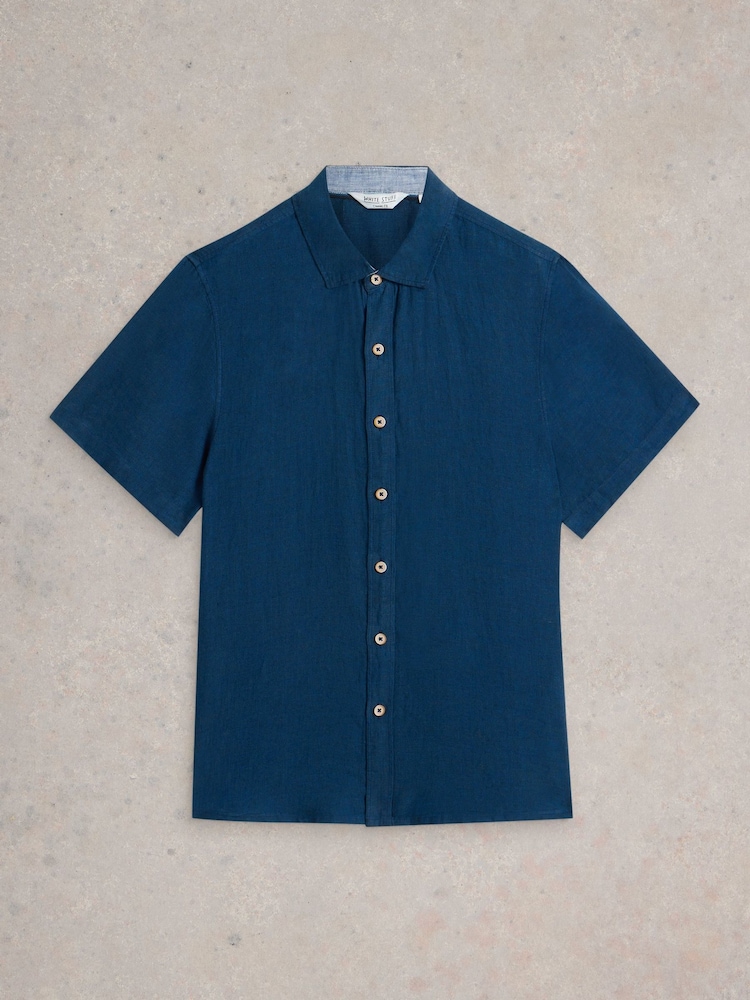 White Stuff Blue Keswick Short Sleeve 100% Linen Shirt - Image 5 of 6