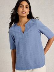 White Stuff Blue Weaver Notch 100% Organic Cotton Neck Top - Image 1 of 6