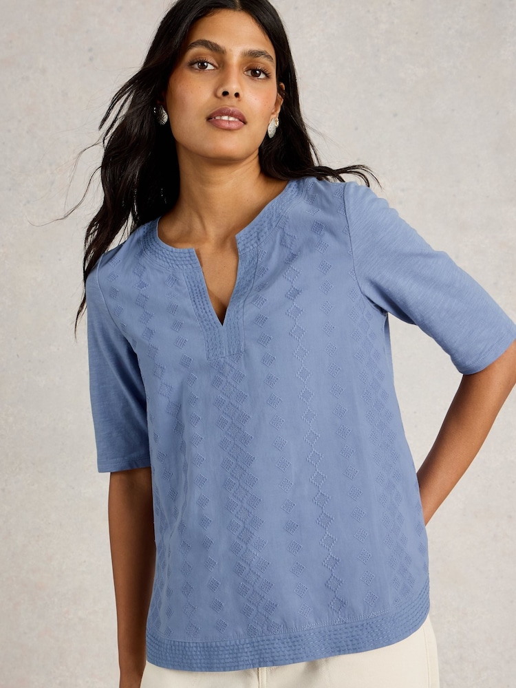 White Stuff Blue Weaver Notch 100% Organic Cotton Neck Top - Image 1 of 6