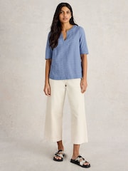White Stuff Blue Weaver Notch 100% Organic Cotton Neck Top - Image 3 of 6