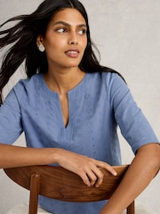 White Stuff Blue Weaver Notch 100% Organic Cotton Neck Top - Image 4 of 6