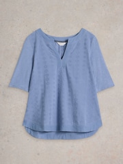 White Stuff Blue Weaver Notch 100% Organic Cotton Neck Top - Image 5 of 6