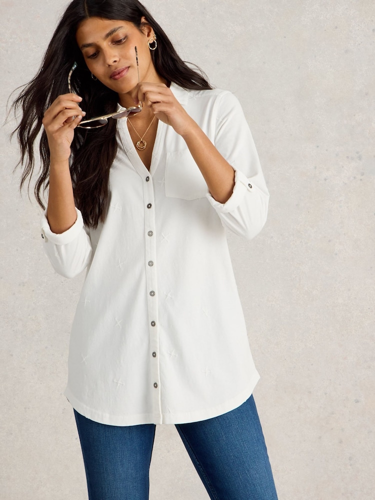 White Stuff White 100% Cotton Annie Emb Longline Shirt - Image 1 of 6