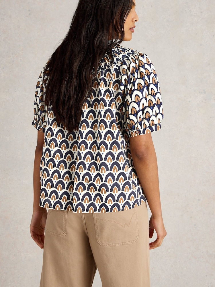 White Stuff Blue 100% Organic Cotton Ariel Mix Print Top - Image 2 of 6