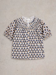White Stuff Blue 100% Organic Cotton Ariel Mix Print Top - Image 5 of 6