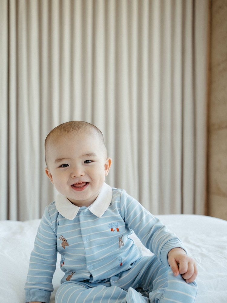 Purebaby Blue Stripe Bunny Sleepsuit - Image 4 of 4 Purebaby Blue Stripe Bunny Sleepsuit - Image 4 of 4