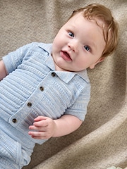 Mamas & Papas Blue Mix Knit 100% Cotton Polo & Short Set - Imagen 1 de 8