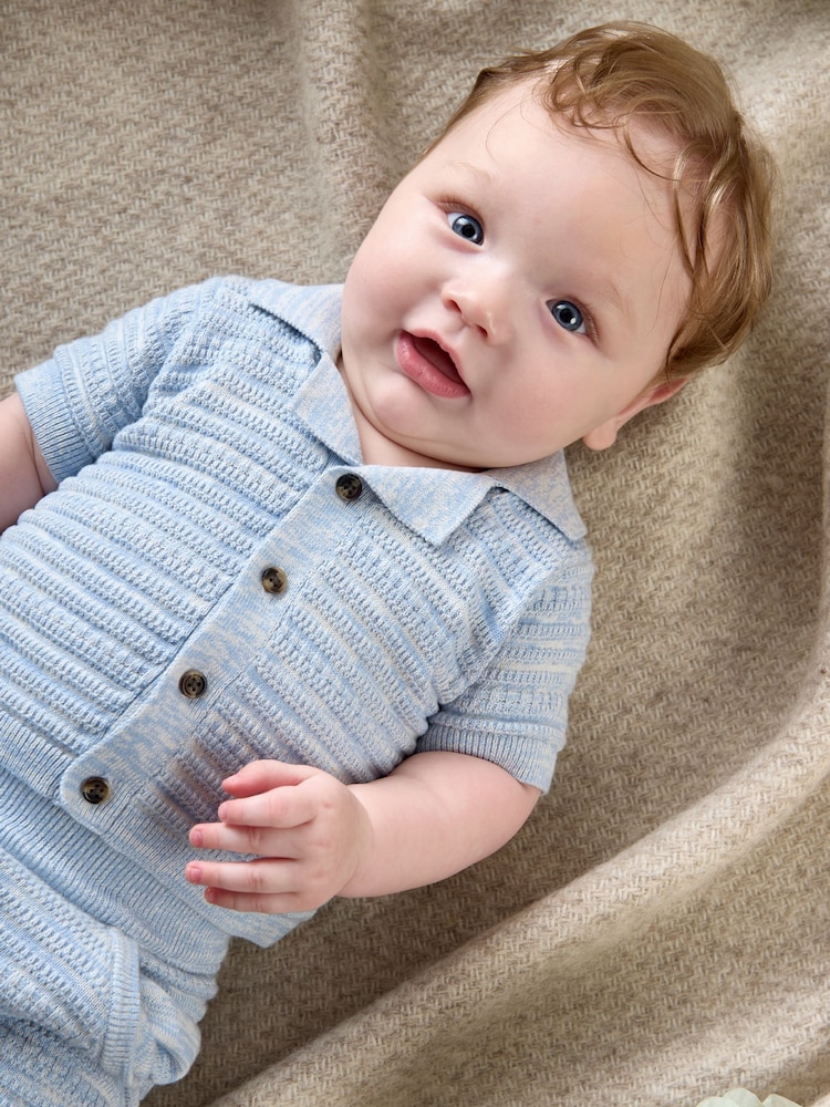 Mamas & Papas Blue Mix Knit 100% Cotton Polo & Short Set - Imagen 1 de 8