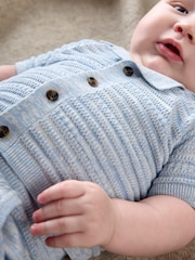 Mamas & Papas Blue Mix Knit 100% Cotton Polo & Short Set - Imagen 2 de 8