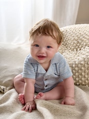 Mamas & Papas Blue Mix Knit 100% Cotton Polo & Short Set - Imagen 3 de 8