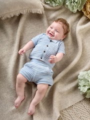 Mamas & Papas Blue Mix Knit 100% Cotton Polo & Short Set - Imagen 5 de 8