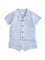 Mamas & Papas Blue Mix Knit 100% Cotton Polo & Short Set - Imagen 6 de 8