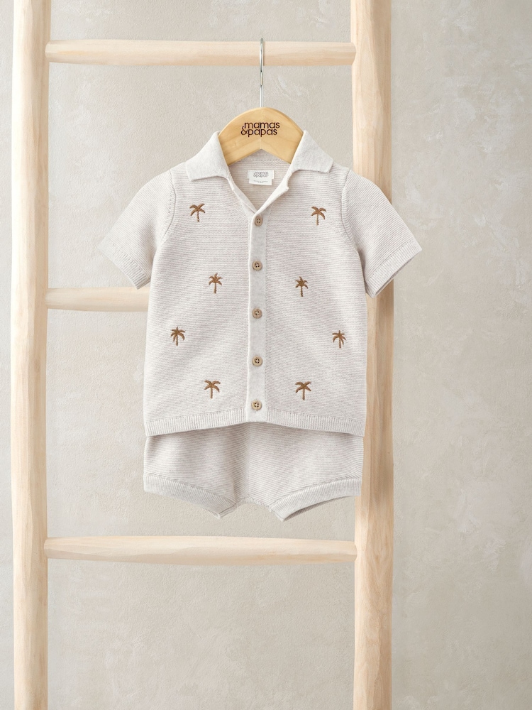 Mamas & Papas palm vezen 100% bombaž rjava srajca in kratke hlače pleten set - Slika 1 iz 5
