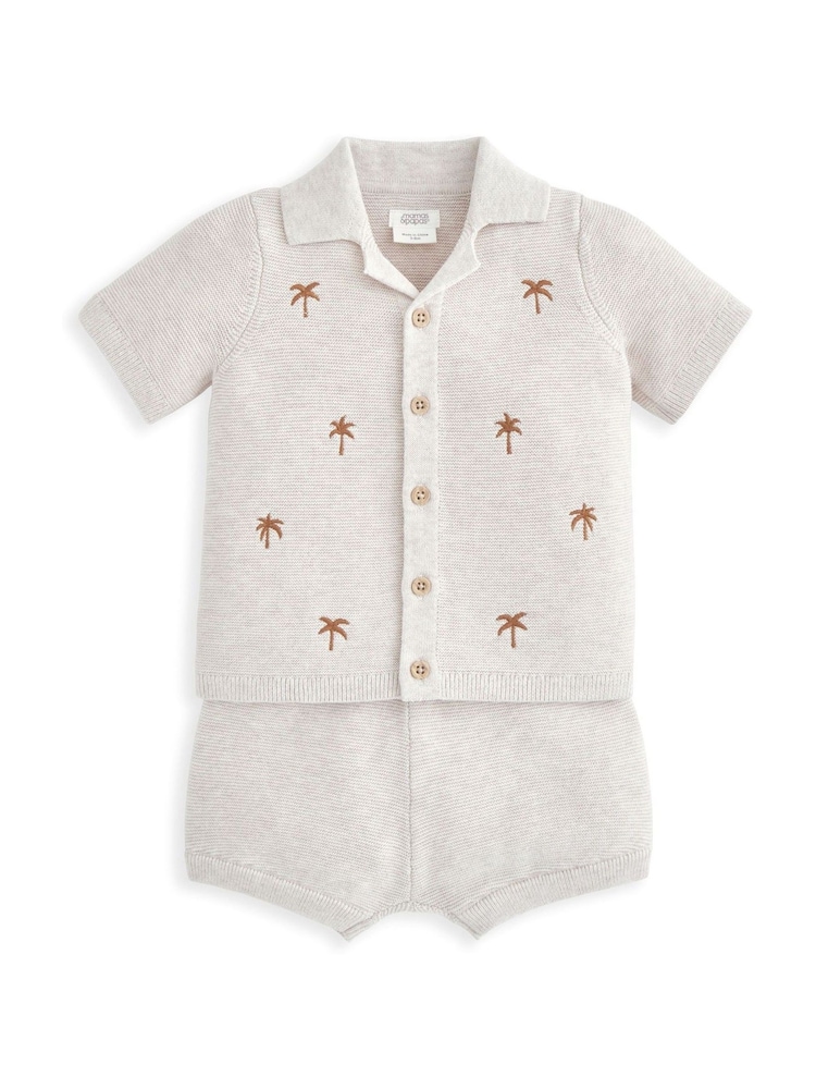 Mamas & Papas palm vezen 100% bombaž rjava srajca in kratke hlače pleten set - Slika 2 iz 5