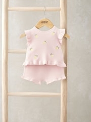 Mamas & Papas Pink 100% Cotton Embroidered Frill Top & Shorts Set - Image 1 of 4