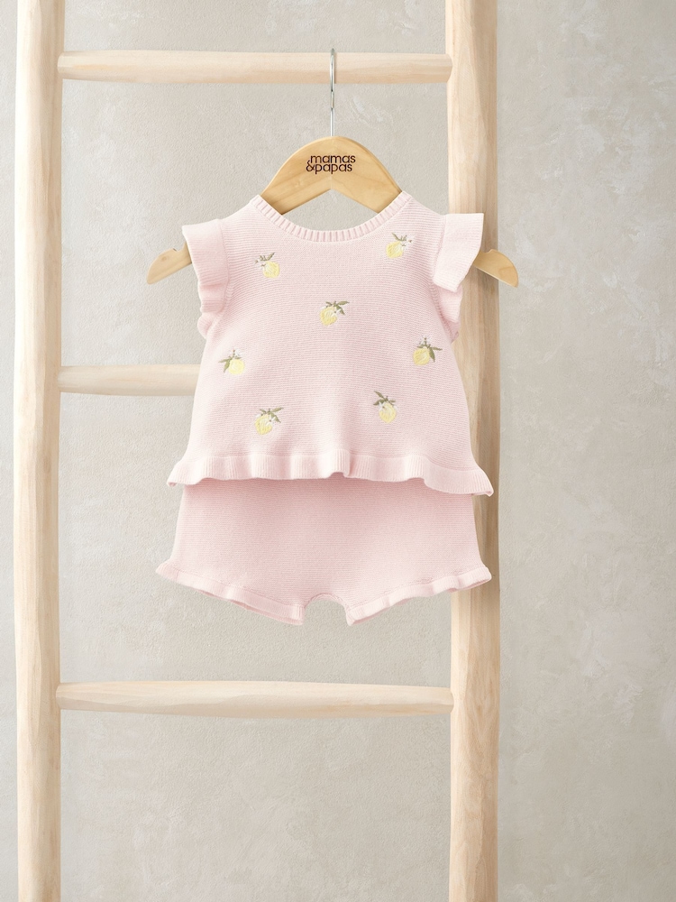 Mamas & Papas Pink 100% Cotton Embroidered Frill Top & Shorts Set - Image 1 of 4