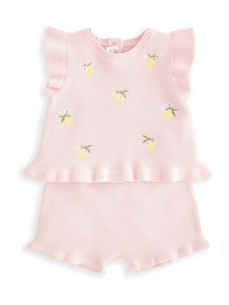 Mamas & Papas Pink 100% Cotton Embroidered Frill Top & Shorts Set - Image 2 of 4
