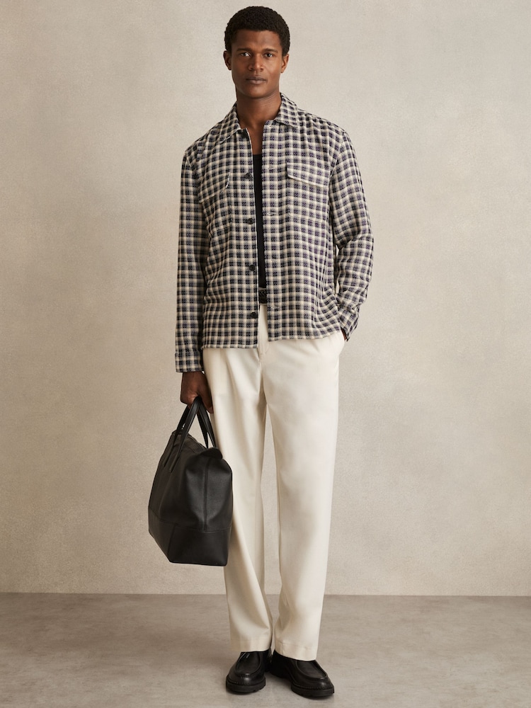 Reiss Navy/White Ribona Woven Check Twin-Pocket Overshirt - Image 1 of 7