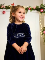 JoJo Maman Bébé Navy Blue Smocked Waist Velvet Party Dress - Image 1 of 2
