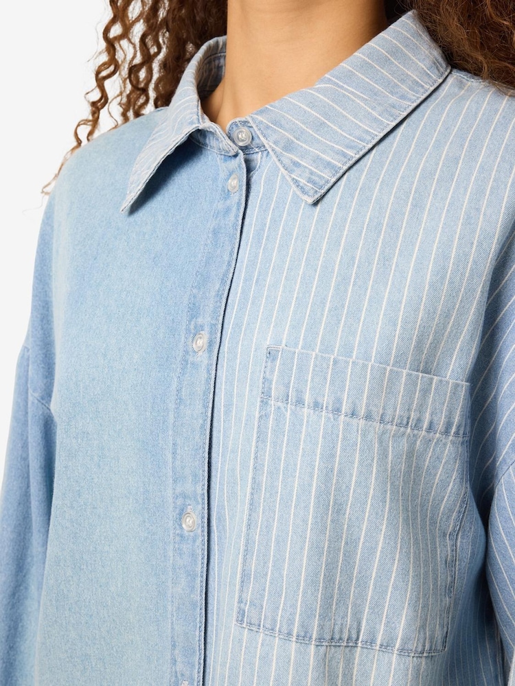 NOISY MAY Blue Oversized Long Sleeve Stripe Contrast 100% Cotton Shirt - Image 5 of 5