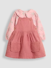 JoJo Maman Bébé Pink Floral Rose Printed Pinafore Dress & Blouse Set - Image 1 of 5