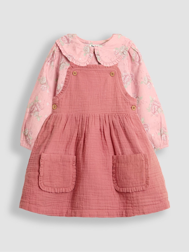JoJo Maman Bébé Pink Floral Rose Printed Pinafore Dress & Blouse Set - Image 1 of 5