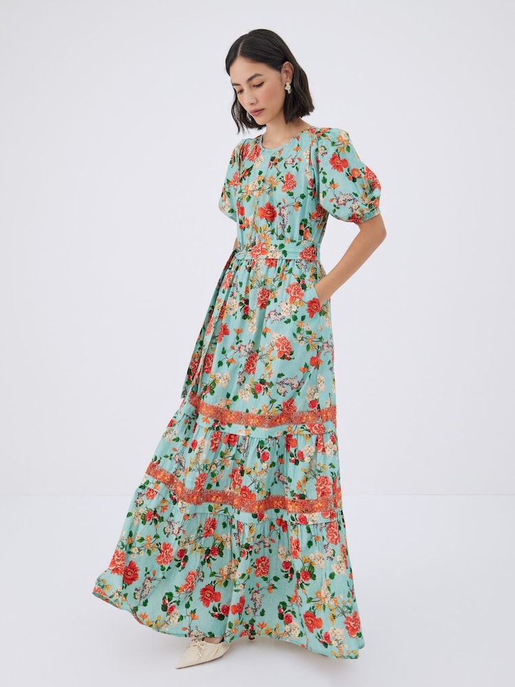 Raishma Green Trinity Floral Maxi Dress with Puffed Sleeves - Image 1 of 3