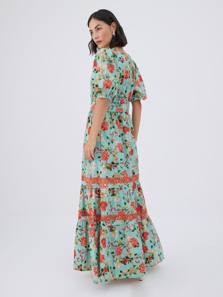 Raishma Green Trinity Floral Maxi Dress with Puffed Sleeves - Image 2 of 3