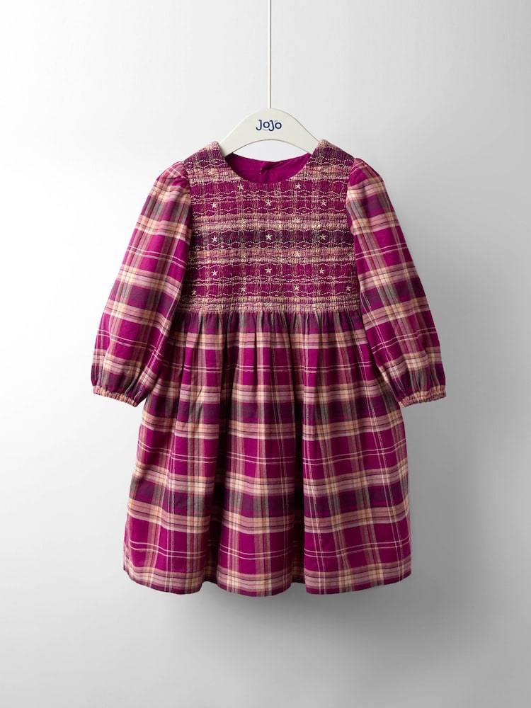 JoJo Maman Bébé Burgundy Smocked Tartan Party Dress - Image 1 of 4