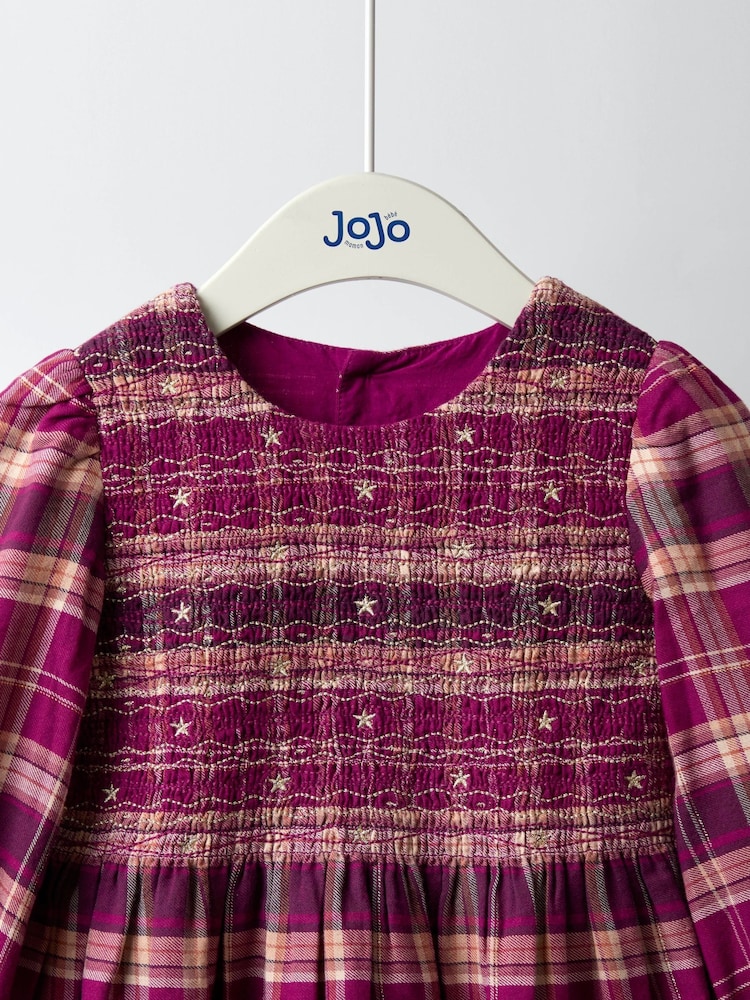 JoJo Maman Bébé Burgundy Smocked Tartan Party Dress - Image 2 of 4