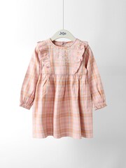 JoJo Maman Bébé Pink Check Frill Sleeve Embroidered Dress - Image 1 of 5