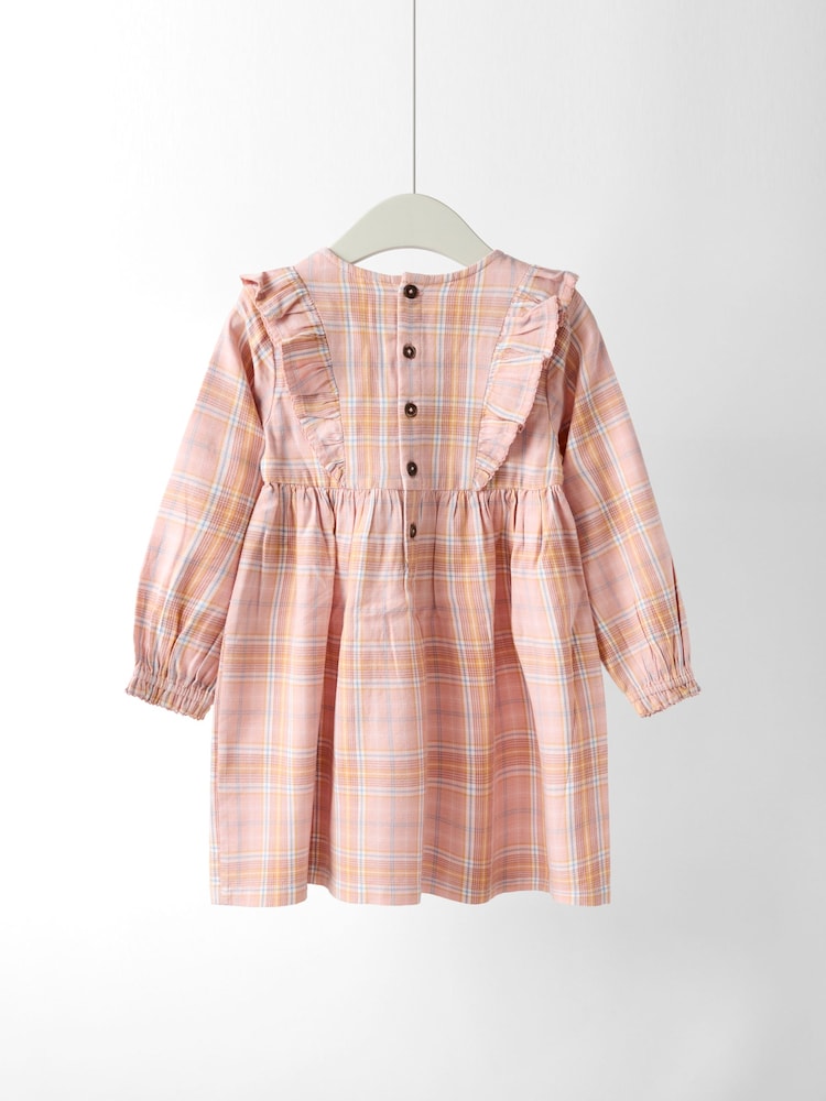 JoJo Maman Bébé Pink Check Frill Sleeve Embroidered Dress - Image 2 of 5