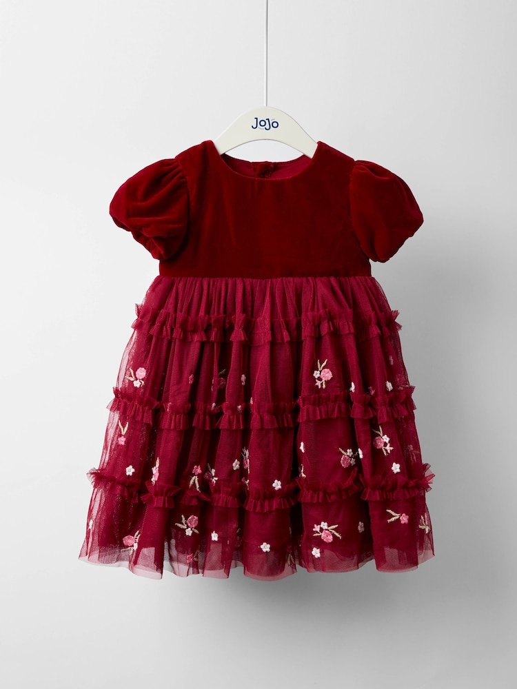 JoJo Maman Bébé Red Floral Tiered Tulle Party Dress - Image 1 of 4