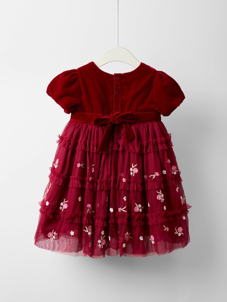 JoJo Maman Bébé Red Floral Tiered Tulle Party Dress - Image 4 of 4
