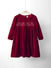 JoJo Maman Bébé Red Smocked Waist Velvet Party Dress - Image 1 of 4