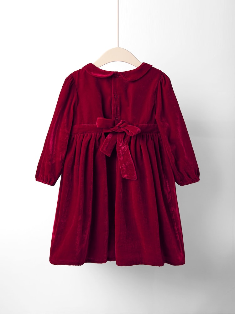 JoJo Maman Bébé Red Smocked Waist Velvet Party Dress - Image 2 of 4