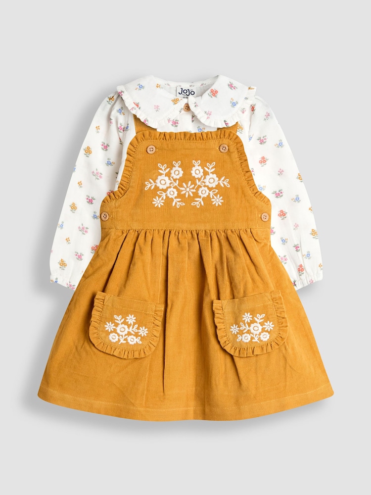 JoJo Maman Bébé Mustard Yellow Embroidered Cord Pinafore Dress & Blouse Set - Image 2 of 9 JoJo Maman Bébé Mustard Yellow Embroidered Cord Pinafore Dress & Blouse Set - Image 2 of 9